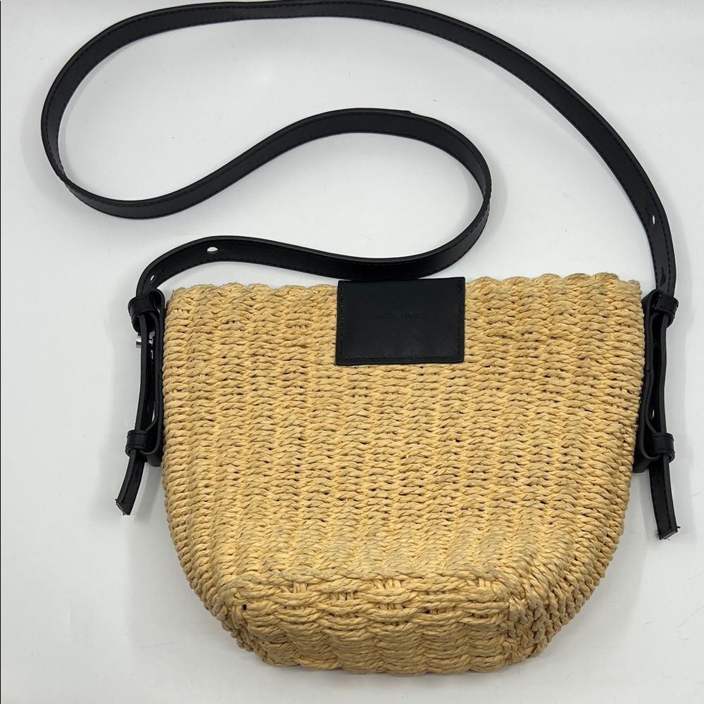 All Saints Straw Crossbody Bag with Black Leather Strap
